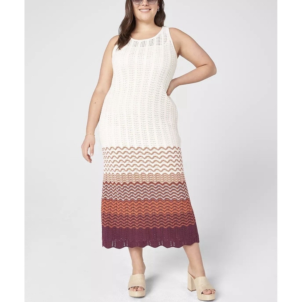 Lane Bryant Chevron Pointelle Knit‎ Maxi Dress Cream Boho Space Dye Size 14/16